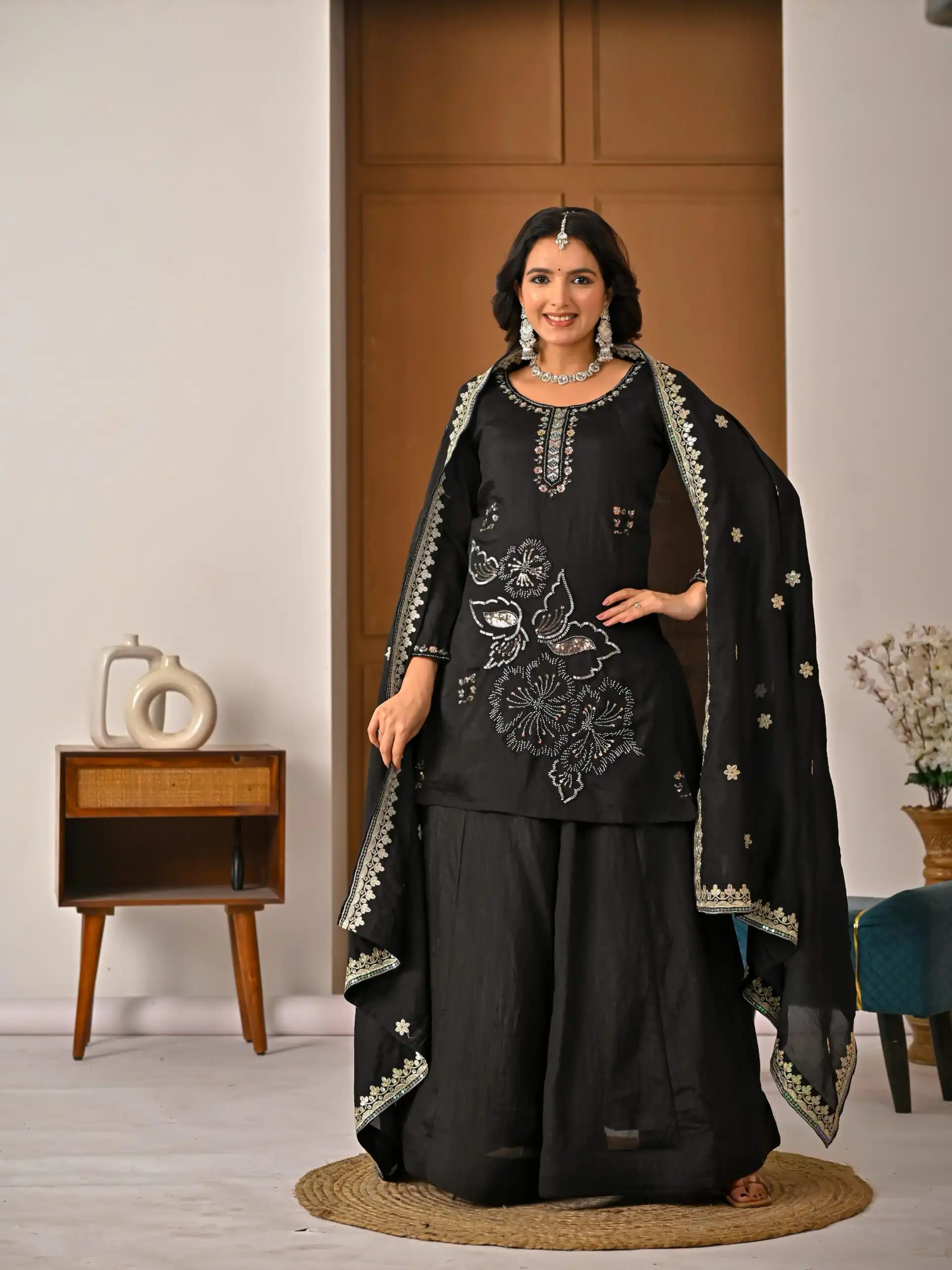 Super Black Vichitra Silk Embroidery Hand Work Salwar Suit - Image 5
