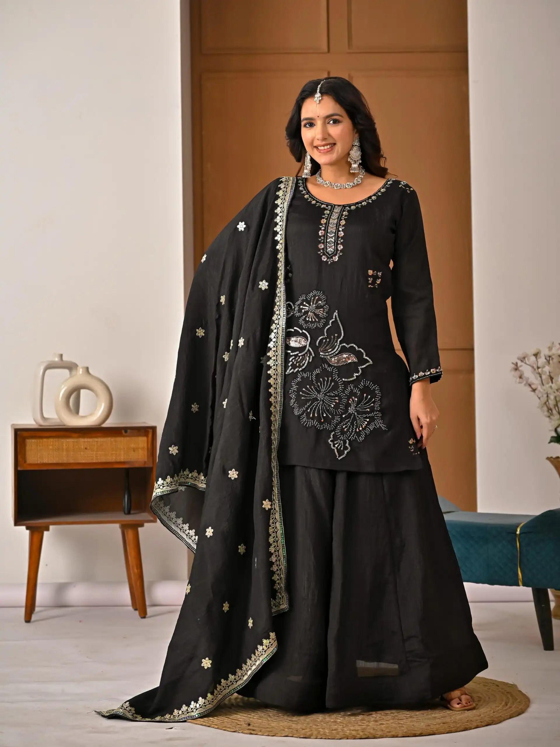 Super Black Vichitra Silk Embroidery Hand Work Salwar Suit - Image 4