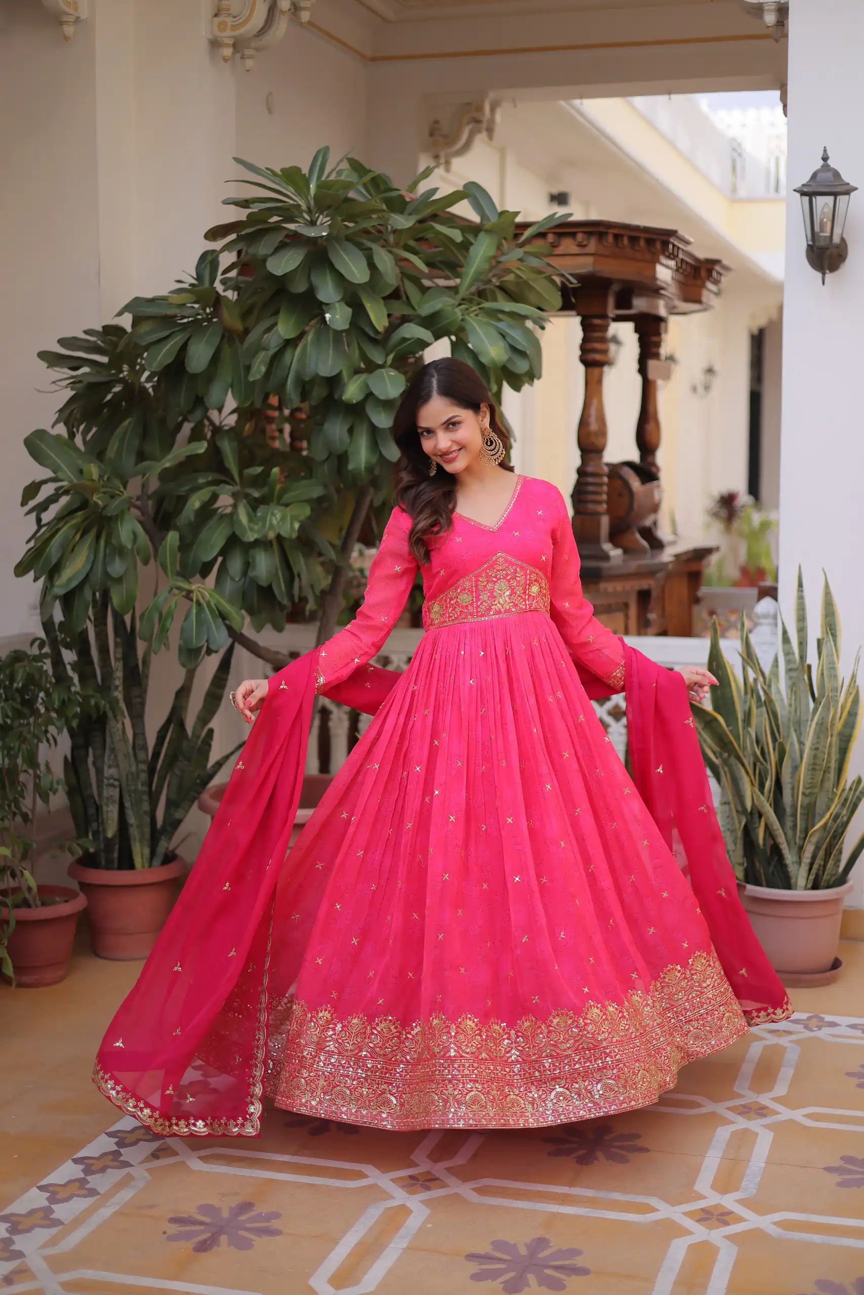 Trendy Pink Russian Silk Zari Embroidery Work Gown