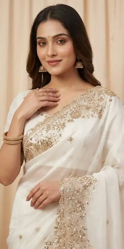 Alternative view of Trendy White Space Silk Embroidery Zari Work Saree