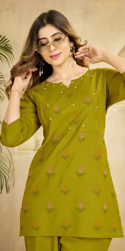 Alternative view of Unique Lime Green Viscose Rayon Embroidery Work Kurti