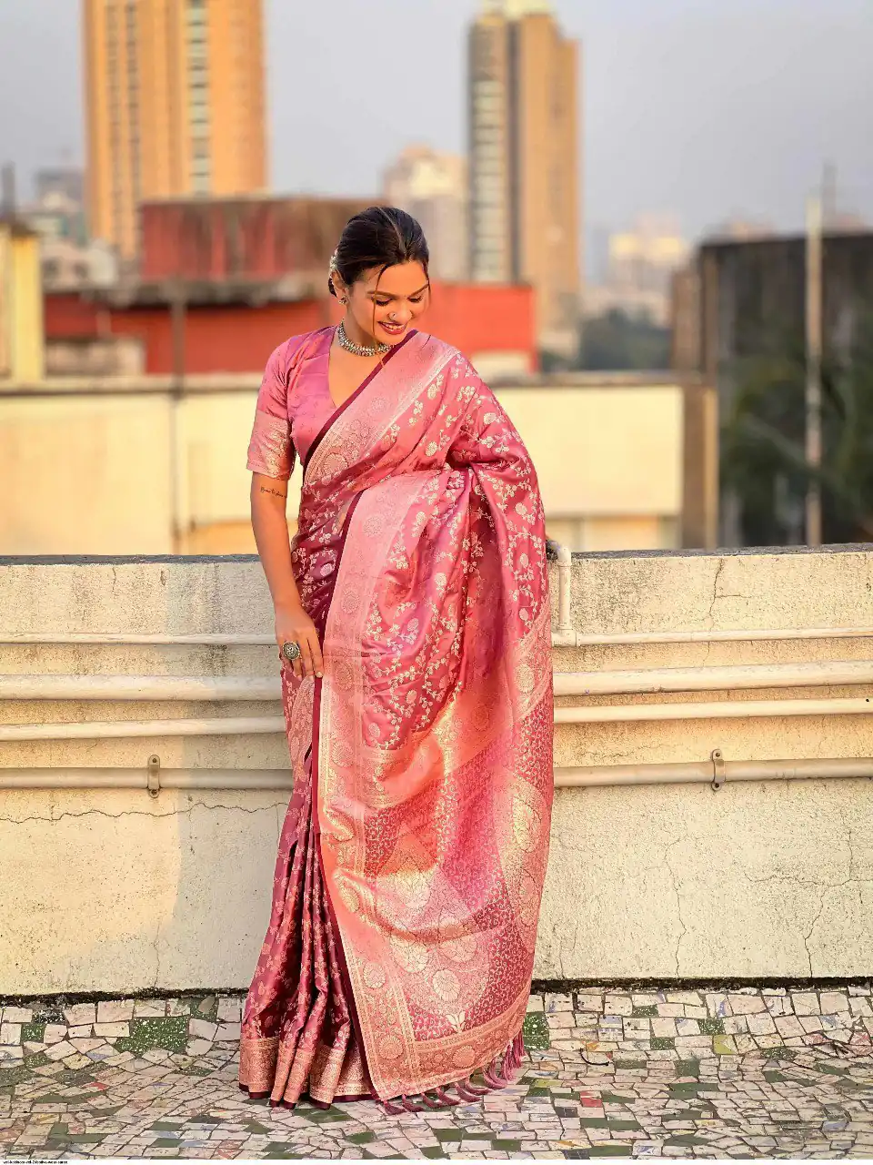 Unique Peach Lichi Silk Jacquard Work Saree - Image 4