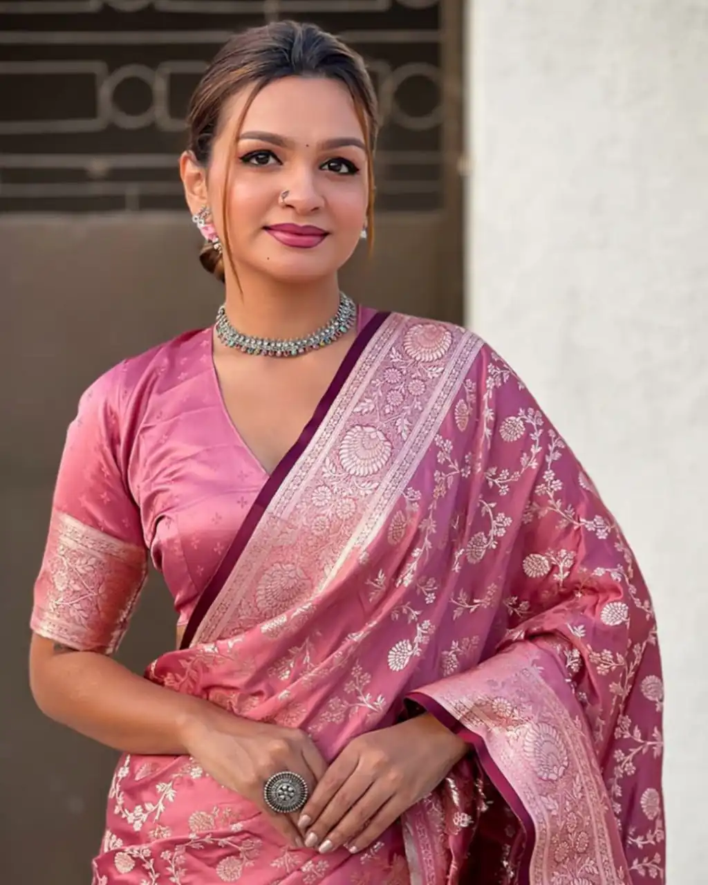 Unique Peach Lichi Silk Jacquard Work Saree - Image 2