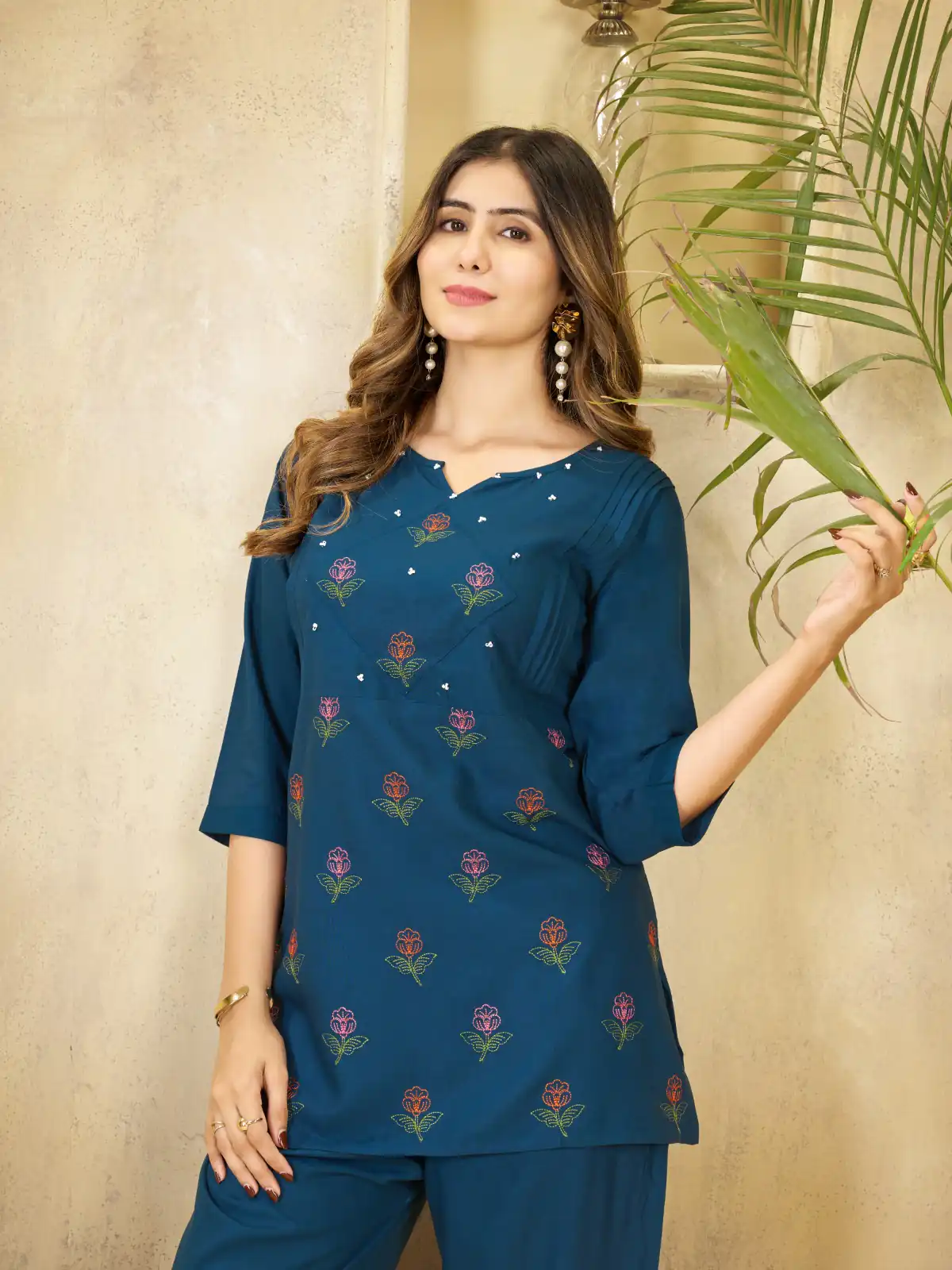 Unique Teal Viscose Rayon Embroidery Work Kurti - Image 2