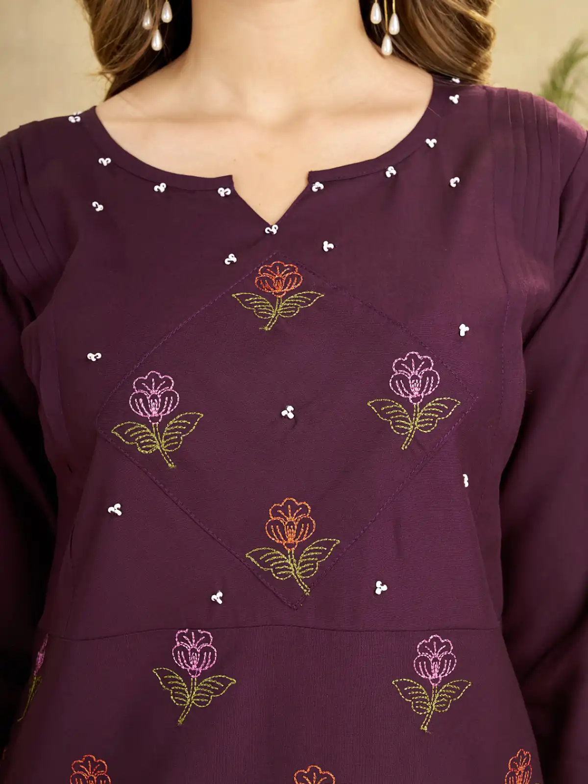 Unique Wine Viscose Rayon Embroidery Work Kurti - Image 3