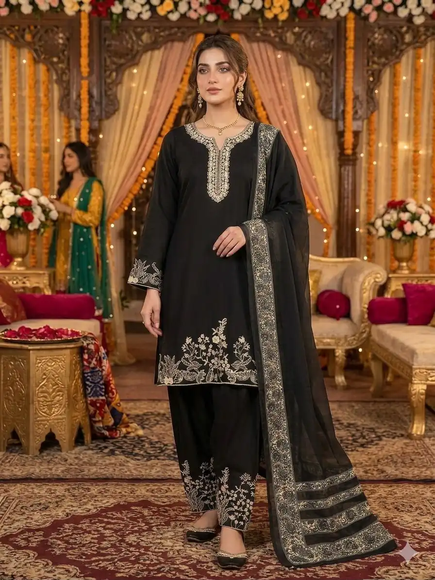 LG 2107 Black Rayon Salwar Suit with Embroidery Work & Mirror Work. Grab it for ₹1999. Delivery 4-6 Working Days. Shop now. | Casual Suits, Jump Suits, Creative suits, Designer Suits, Palazzo Suits, Party Wear Suits, Patiala Suits, Salwar suit, Straight Suits