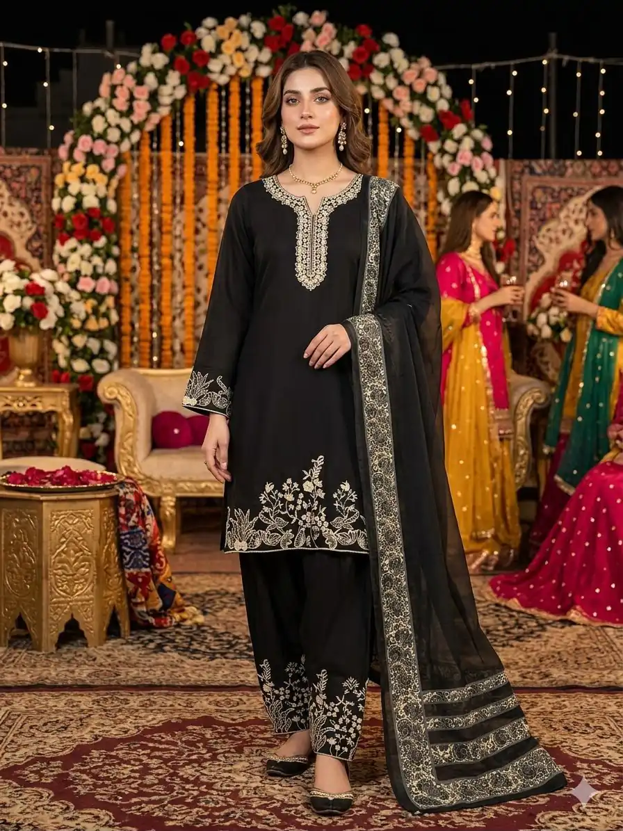 LG 2107 Black Rayon Salwar Suit with Embroidery Work & Mirror Work. Grab it for ₹1999. Delivery 4-6 Working Days. Shop now. | Casual Suits, Jump Suits, Creative suits, Designer Suits, Palazzo Suits, Party Wear Suits, Patiala Suits, Salwar suit, Straight Suits