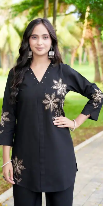 DIVA 122 Black Rayon Kurti with Embroidery Work & Mirror Work. Wedding, Party, Festive Grab it for ₹1749. Delivery 4-6 Working Days. Shop now. | Bollywood Kurti, Creative Kurtis, Designer Kurti, Kurti, Party Wear Kurti, Selfie Kurti