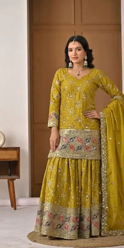 MD 3092 Mustered Chinnon Silk Salwar Suit Perfect for Wedding, Party, Ganesh Chaturthi, Baby Shower, Makar Sankranti – . Affordable Price ₹2449. De | Casual Suits, Jump Suits, Creative suits, Designer Suits, Palazzo Suits, Party Wear Suits, Patiala Suits, Salwar suit, Straight Suits