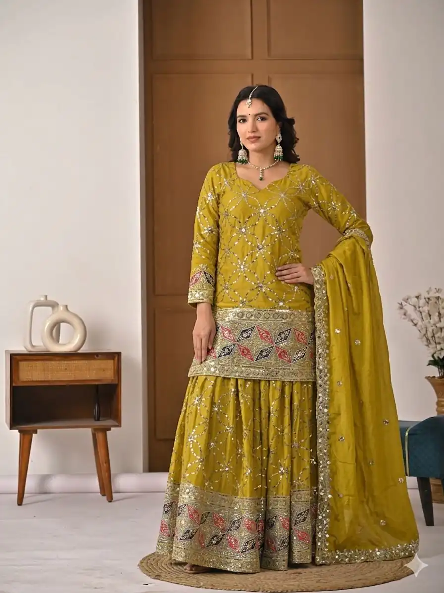 MD 3092 Mustered Chinnon Silk Salwar Suit Perfect for Wedding, Party, Ganesh Chaturthi, Baby Shower, Makar Sankranti – . Affordable Price ₹2449. De | Casual Suits, Jump Suits, Creative suits, Designer Suits, Palazzo Suits, Party Wear Suits, Patiala Suits, Salwar suit, Straight Suits