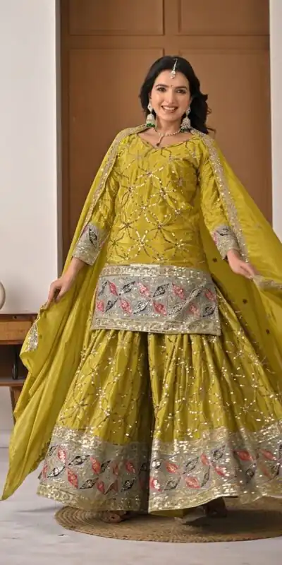 MD 3092 Mustered Chinnon Silk Salwar Suit Perfect for Wedding, Party, Ganesh Chaturthi, Baby Shower, Makar Sankranti – . Affordable Price ₹2449. De | Casual Suits, Jump Suits, Creative suits, Designer Suits, Palazzo Suits, Party Wear Suits, Patiala Suits, Salwar suit, Straight Suits