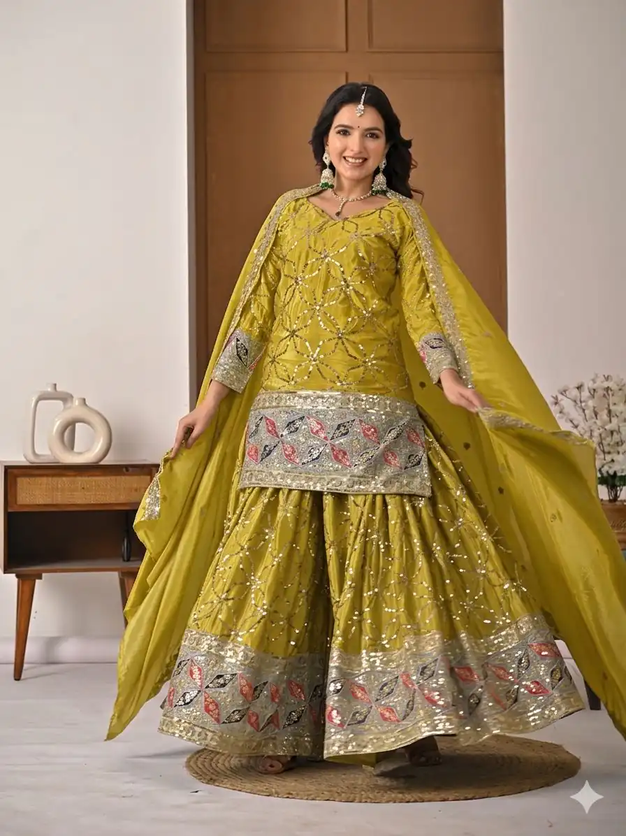 MD 3092 Mustered Chinnon Silk Salwar Suit Perfect for Wedding, Party, Ganesh Chaturthi, Baby Shower, Makar Sankranti – . Affordable Price ₹2449. De | Casual Suits, Jump Suits, Creative suits, Designer Suits, Palazzo Suits, Party Wear Suits, Patiala Suits, Salwar suit, Straight Suits