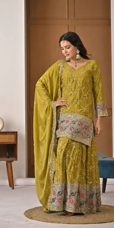 MD 3092 Mustered Chinnon Silk Salwar Suit Perfect for Wedding, Party, Ganesh Chaturthi, Baby Shower, Makar Sankranti – . Affordable Price ₹2449. De | Casual Suits, Jump Suits, Creative suits, Designer Suits, Palazzo Suits, Party Wear Suits, Patiala Suits, Salwar suit, Straight Suits