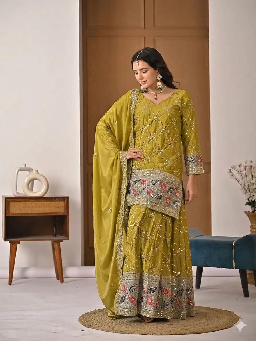 MD 3092 Mustered Chinnon Silk Salwar Suit Perfect for Wedding, Party, Ganesh Chaturthi, Baby Shower, Makar Sankranti – . Affordable Price ₹2449. De | Casual Suits, Jump Suits, Creative suits, Designer Suits, Palazzo Suits, Party Wear Suits, Patiala Suits, Salwar suit, Straight Suits