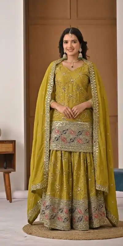 MD 3092 Mustered Chinnon Silk Salwar Suit Perfect for Wedding, Party, Ganesh Chaturthi, Baby Shower, Makar Sankranti – . Affordable Price ₹2449. De | Casual Suits, Jump Suits, Creative suits, Designer Suits, Palazzo Suits, Party Wear Suits, Patiala Suits, Salwar suit, Straight Suits