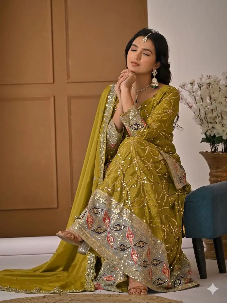 MD 3092 Mustered Chinnon Silk Salwar Suit Perfect for Wedding, Party, Ganesh Chaturthi, Baby Shower, Makar Sankranti – . Affordable Price ₹2449. De | Casual Suits, Jump Suits, Creative suits, Designer Suits, Palazzo Suits, Party Wear Suits, Patiala Suits, Salwar suit, Straight Suits