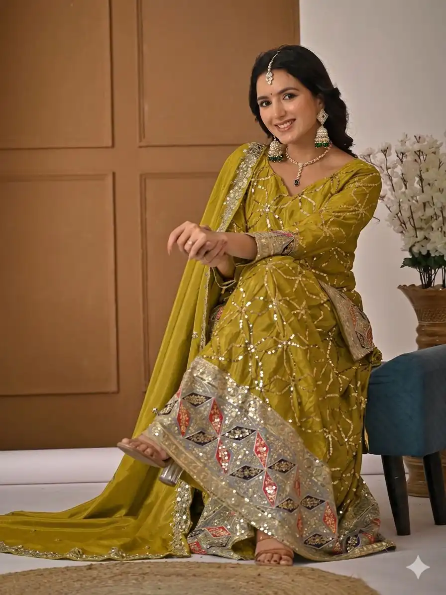 MD 3092 Mustered Chinnon Silk Salwar Suit Perfect for Wedding, Party, Ganesh Chaturthi, Baby Shower, Makar Sankranti – . Affordable Price ₹2449. De | Casual Suits, Jump Suits, Creative suits, Designer Suits, Palazzo Suits, Party Wear Suits, Patiala Suits, Salwar suit, Straight Suits