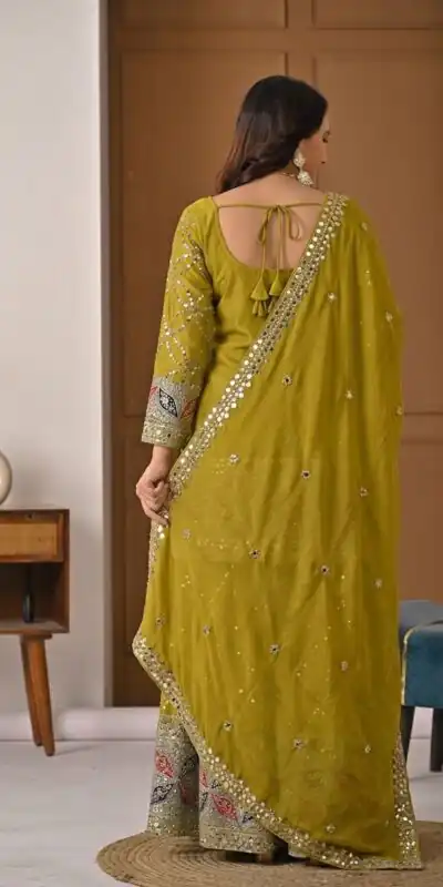 MD 3092 Mustered Chinnon Silk Salwar Suit Perfect for Wedding, Party, Ganesh Chaturthi, Baby Shower, Makar Sankranti – . Affordable Price ₹2449. De | Casual Suits, Jump Suits, Creative suits, Designer Suits, Palazzo Suits, Party Wear Suits, Patiala Suits, Salwar suit, Straight Suits