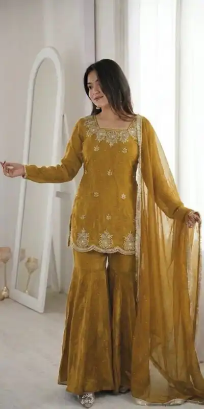 ZSR 3166 Mustered Color Fendy Silk With Embroidery Work Salwar Suit. Get it for ₹2149. Delivery 4-6 Working Days. Online Shop now. | Casual Suits, Jump Suits, Creative suits, Designer Suits, Palazzo Suits, Party Wear Suits, Patiala Suits, Salwar suit, Straight Suits