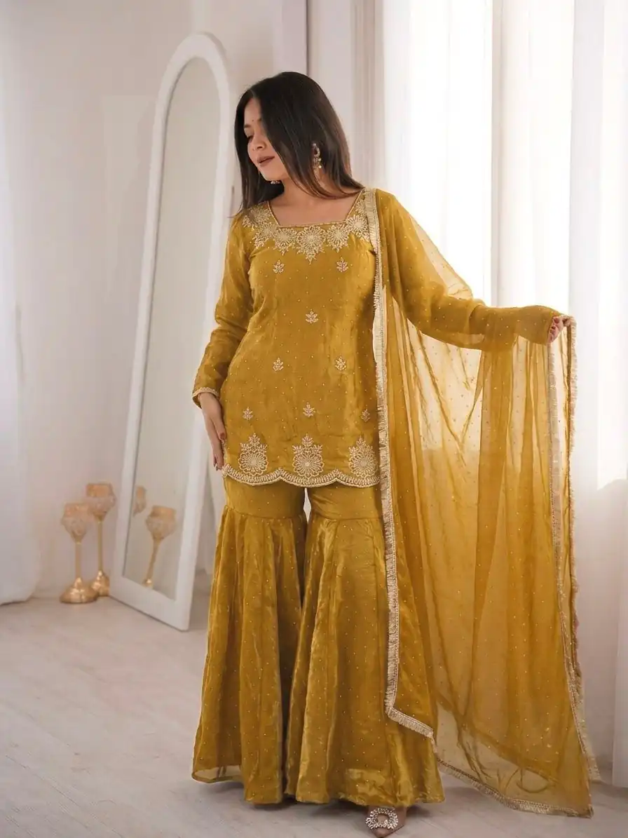 ZSR 3166 Mustered Color Fendy Silk With Embroidery Work Salwar Suit. Get it for ₹2149. Delivery 4-6 Working Days. Online Shop now. | Casual Suits, Jump Suits, Creative suits, Designer Suits, Palazzo Suits, Party Wear Suits, Patiala Suits, Salwar suit, Straight Suits