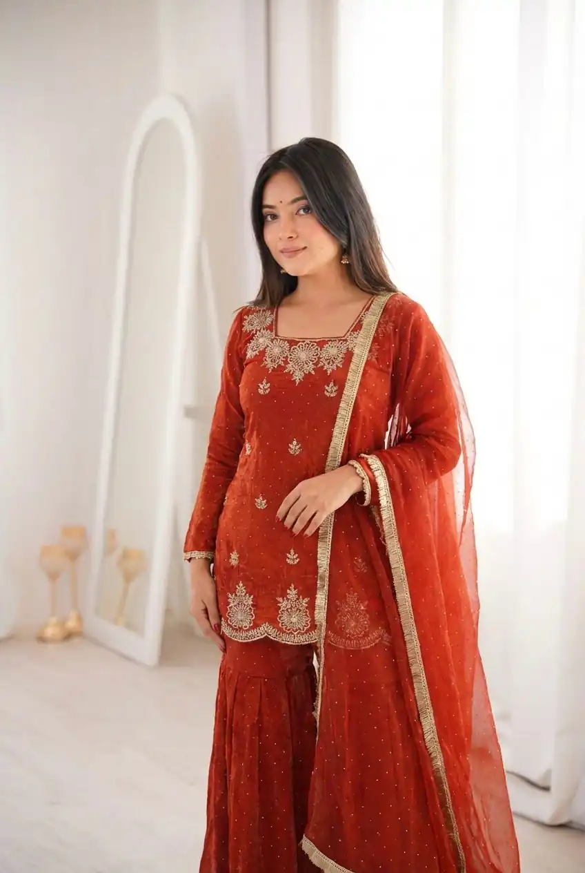 ZSR 3166 Rust Color Fendy Silk With Embroidery Work Salwar Suit. Get it for ₹2149. Delivery 4-6 Working Days. Online Shop now. | Casual Suits, Jump Suits, Creative suits, Designer Suits, Palazzo Suits, Party Wear Suits, Patiala Suits, Salwar suit, Straight Suits