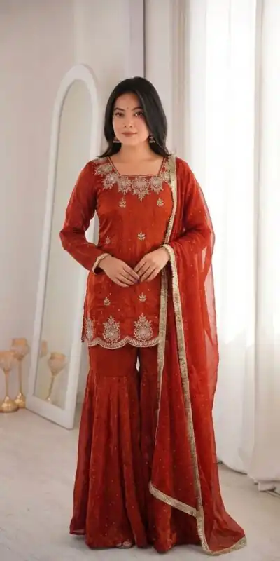 ZSR 3166 Rust Color Fendy Silk With Embroidery Work Salwar Suit. Get it for ₹2149. Delivery 4-6 Working Days. Online Shop now. | Casual Suits, Jump Suits, Creative suits, Designer Suits, Palazzo Suits, Party Wear Suits, Patiala Suits, Salwar suit, Straight Suits