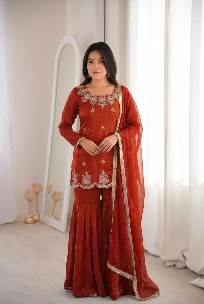 ZSR 3166 Rust Color Fendy Silk With Embroidery Work Salwar Suit. Get it for ₹2149. Delivery 4-6 Working Days. Online Shop now. | Casual Suits, Jump Suits, Creative suits, Designer Suits, Palazzo Suits, Party Wear Suits, Patiala Suits, Salwar suit, Straight Suits