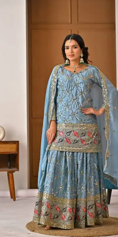 MD 3092 Sky Blue Chinnon Silk Salwar Suit Perfect for Wedding, Party, Ganesh Chaturthi, Baby Shower, Makar Sankranti – . Affordable Price ₹2449. De | Casual Suits, Jump Suits, Creative suits, Designer Suits, Palazzo Suits, Party Wear Suits, Patiala Suits, Salwar suit, Straight Suits