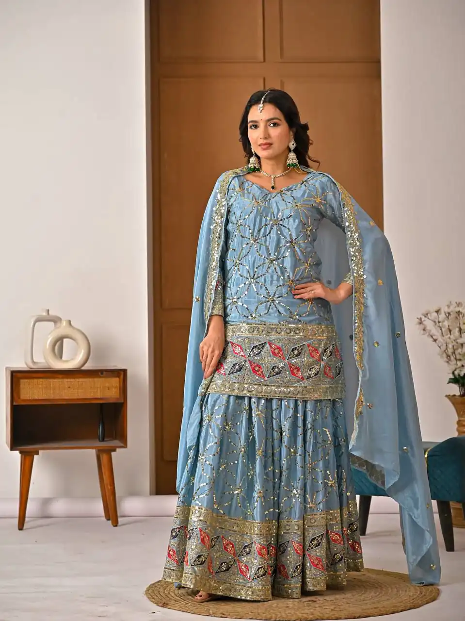 MD 3092 Sky Blue Chinnon Silk Salwar Suit Perfect for Wedding, Party, Ganesh Chaturthi, Baby Shower, Makar Sankranti – . Affordable Price ₹2449. De | Casual Suits, Jump Suits, Creative suits, Designer Suits, Palazzo Suits, Party Wear Suits, Patiala Suits, Salwar suit, Straight Suits