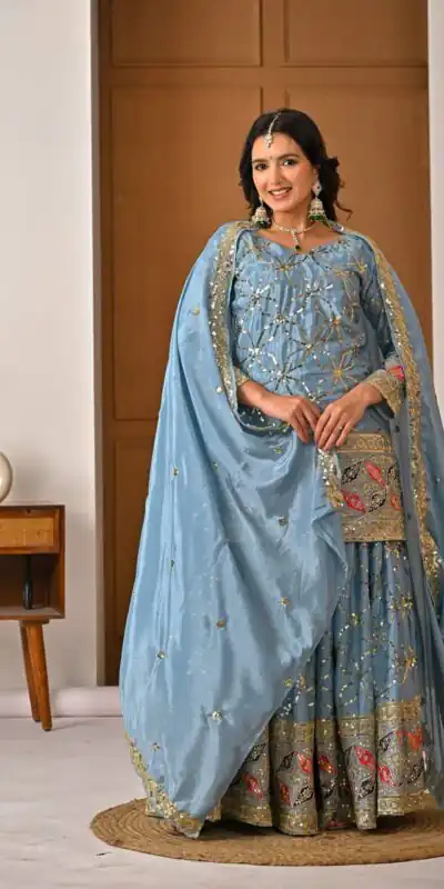 MD 3092 Sky Blue Chinnon Silk Salwar Suit Perfect for Wedding, Party, Ganesh Chaturthi, Baby Shower, Makar Sankranti – . Affordable Price ₹2449. De | Casual Suits, Jump Suits, Creative suits, Designer Suits, Palazzo Suits, Party Wear Suits, Patiala Suits, Salwar suit, Straight Suits