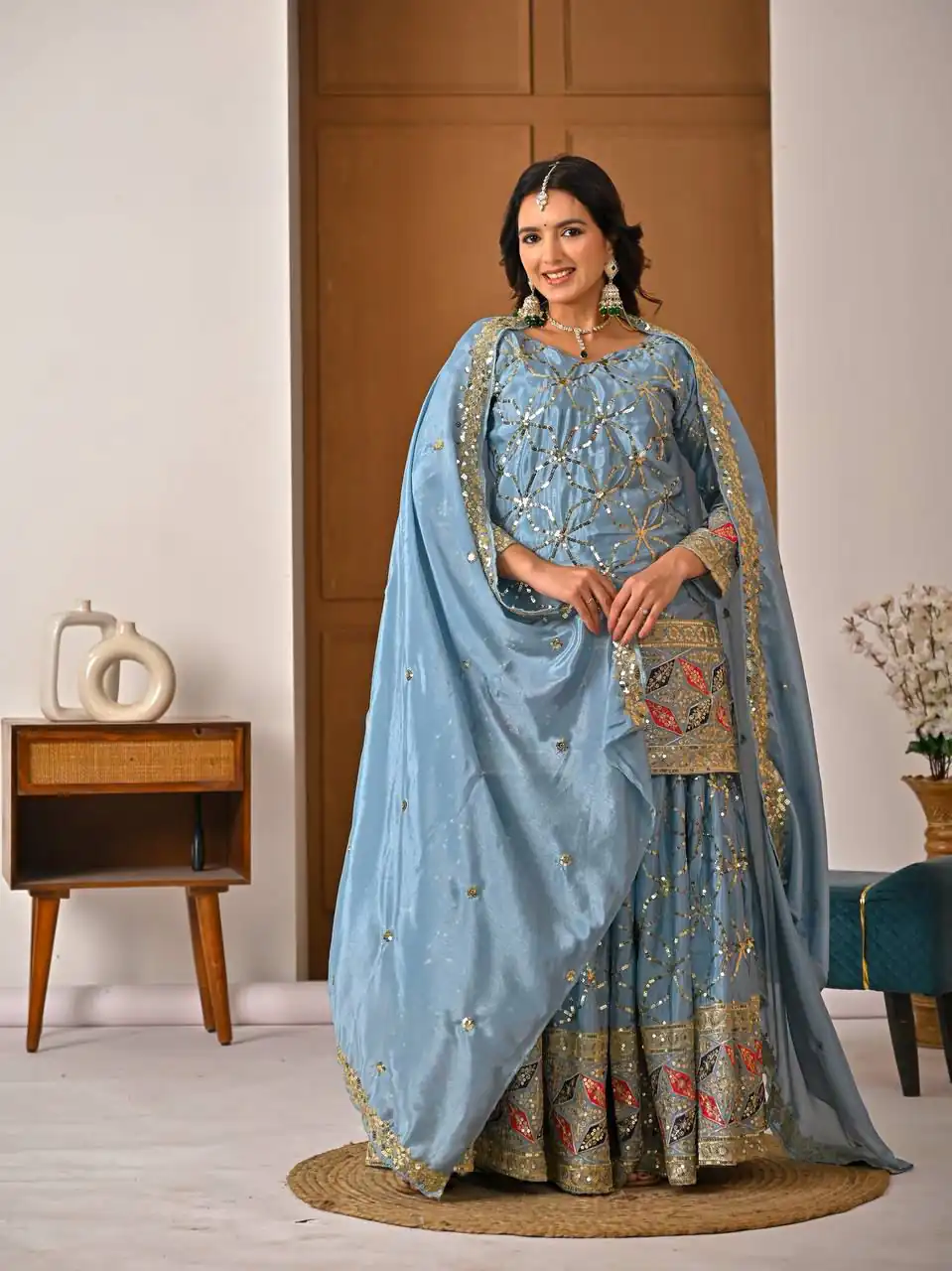 MD 3092 Sky Blue Chinnon Silk Salwar Suit Perfect for Wedding, Party, Ganesh Chaturthi, Baby Shower, Makar Sankranti – . Affordable Price ₹2449. De | Casual Suits, Jump Suits, Creative suits, Designer Suits, Palazzo Suits, Party Wear Suits, Patiala Suits, Salwar suit, Straight Suits
