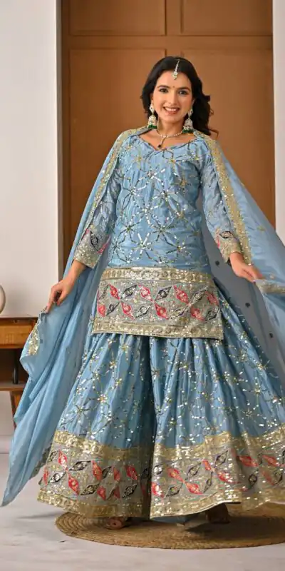 MD 3092 Sky Blue Chinnon Silk Salwar Suit Perfect for Wedding, Party, Ganesh Chaturthi, Baby Shower, Makar Sankranti – . Affordable Price ₹2449. De | Casual Suits, Jump Suits, Creative suits, Designer Suits, Palazzo Suits, Party Wear Suits, Patiala Suits, Salwar suit, Straight Suits