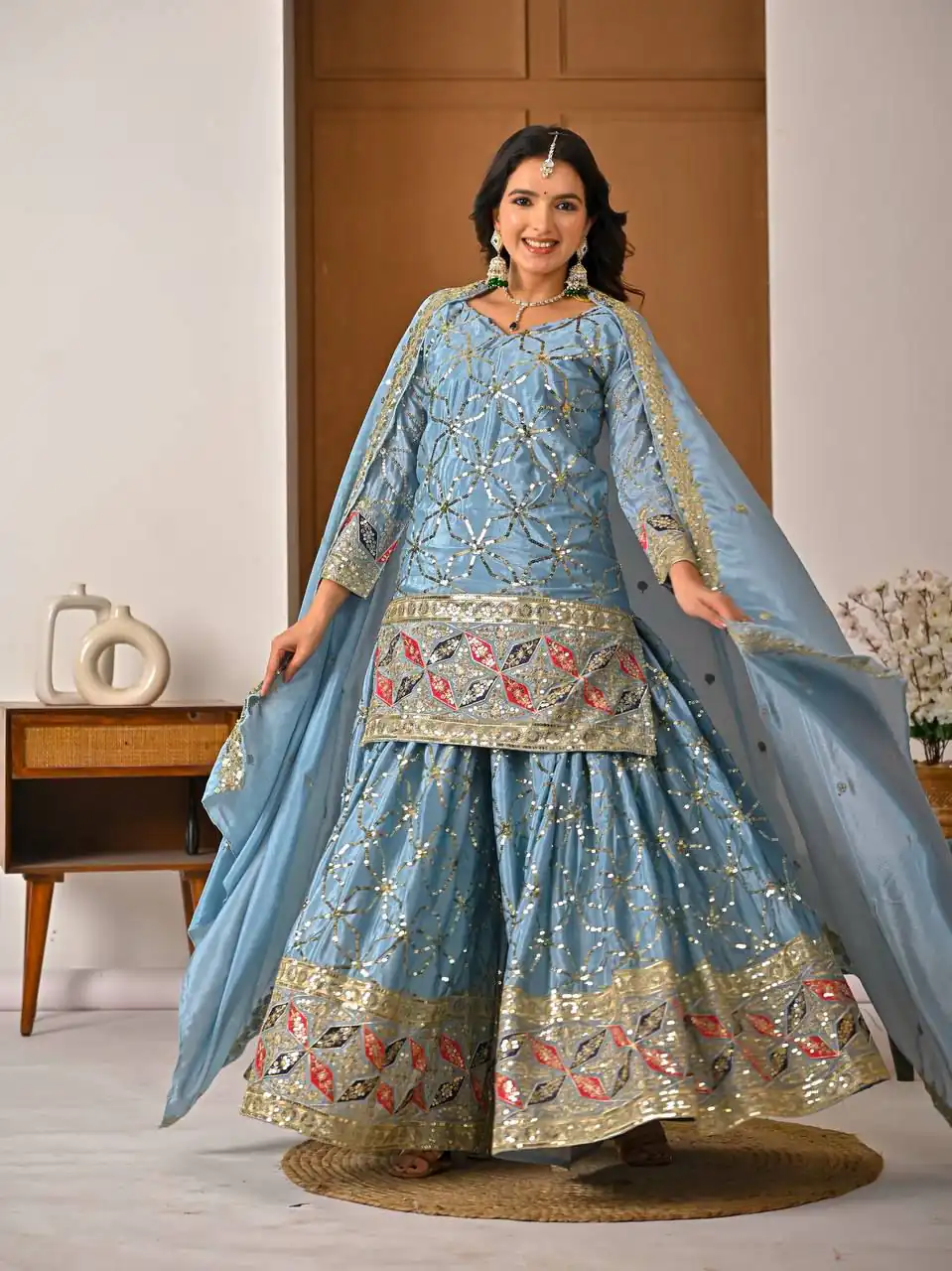 MD 3092 Sky Blue Chinnon Silk Salwar Suit Perfect for Wedding, Party, Ganesh Chaturthi, Baby Shower, Makar Sankranti – . Affordable Price ₹2449. De | Casual Suits, Jump Suits, Creative suits, Designer Suits, Palazzo Suits, Party Wear Suits, Patiala Suits, Salwar suit, Straight Suits