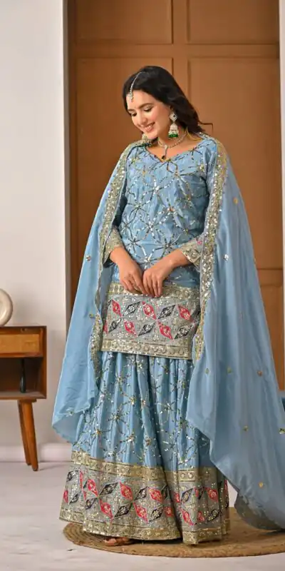 MD 3092 Sky Blue Chinnon Silk Salwar Suit Perfect for Wedding, Party, Ganesh Chaturthi, Baby Shower, Makar Sankranti – . Affordable Price ₹2449. De | Casual Suits, Jump Suits, Creative suits, Designer Suits, Palazzo Suits, Party Wear Suits, Patiala Suits, Salwar suit, Straight Suits