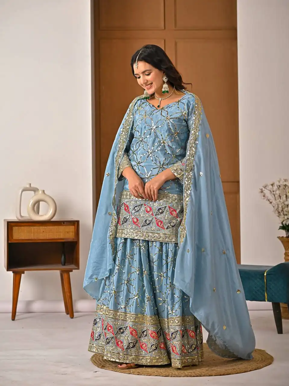 MD 3092 Sky Blue Chinnon Silk Salwar Suit Perfect for Wedding, Party, Ganesh Chaturthi, Baby Shower, Makar Sankranti – . Affordable Price ₹2449. De | Casual Suits, Jump Suits, Creative suits, Designer Suits, Palazzo Suits, Party Wear Suits, Patiala Suits, Salwar suit, Straight Suits