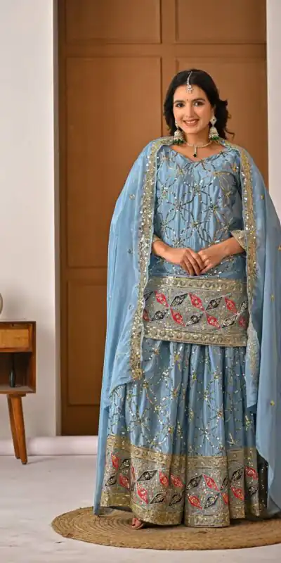MD 3092 Sky Blue Chinnon Silk Salwar Suit Perfect for Wedding, Party, Ganesh Chaturthi, Baby Shower, Makar Sankranti – . Affordable Price ₹2449. De | Casual Suits, Jump Suits, Creative suits, Designer Suits, Palazzo Suits, Party Wear Suits, Patiala Suits, Salwar suit, Straight Suits