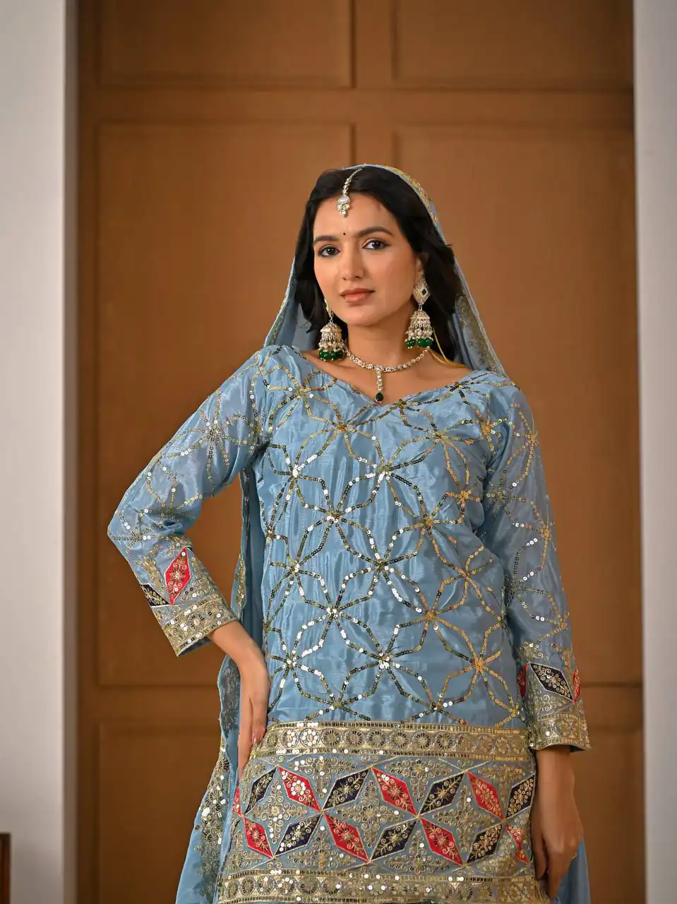 MD 3092 Sky Blue Chinnon Silk Salwar Suit Perfect for Wedding, Party, Ganesh Chaturthi, Baby Shower, Makar Sankranti – . Affordable Price ₹2449. De | Casual Suits, Jump Suits, Creative suits, Designer Suits, Palazzo Suits, Party Wear Suits, Patiala Suits, Salwar suit, Straight Suits