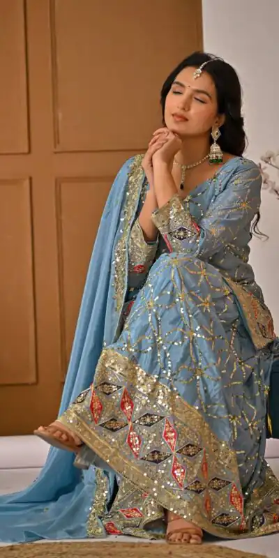 MD 3092 Sky Blue Chinnon Silk Salwar Suit Perfect for Wedding, Party, Ganesh Chaturthi, Baby Shower, Makar Sankranti – . Affordable Price ₹2449. De | Casual Suits, Jump Suits, Creative suits, Designer Suits, Palazzo Suits, Party Wear Suits, Patiala Suits, Salwar suit, Straight Suits