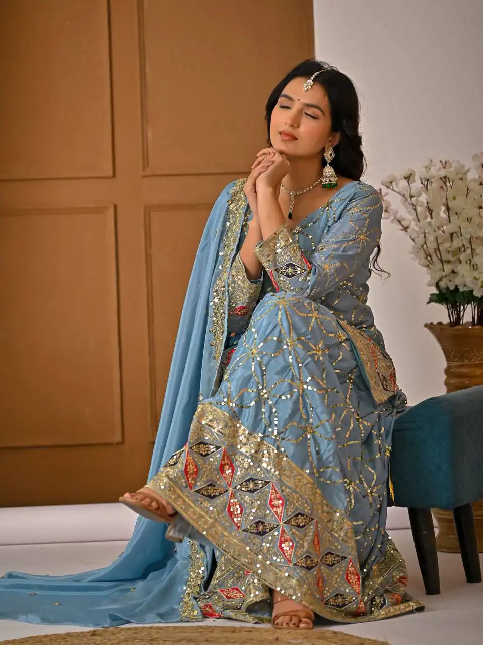 MD 3092 Sky Blue Chinnon Silk Salwar Suit Perfect for Wedding, Party, Ganesh Chaturthi, Baby Shower, Makar Sankranti – . Affordable Price ₹2449. De | Casual Suits, Jump Suits, Creative suits, Designer Suits, Palazzo Suits, Party Wear Suits, Patiala Suits, Salwar suit, Straight Suits