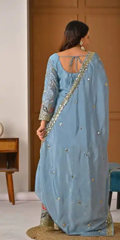 MD 3092 Sky Blue Chinnon Silk Salwar Suit Perfect for Wedding, Party, Ganesh Chaturthi, Baby Shower, Makar Sankranti – . Affordable Price ₹2449. De | Casual Suits, Jump Suits, Creative suits, Designer Suits, Palazzo Suits, Party Wear Suits, Patiala Suits, Salwar suit, Straight Suits