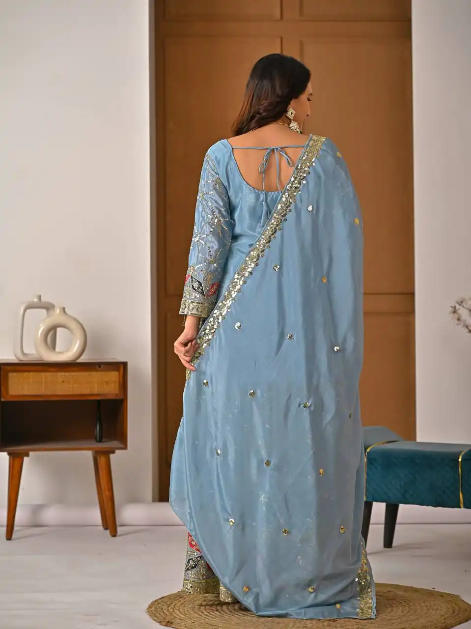 MD 3092 Sky Blue Chinnon Silk Salwar Suit Perfect for Wedding, Party, Ganesh Chaturthi, Baby Shower, Makar Sankranti – . Affordable Price ₹2449. De | Casual Suits, Jump Suits, Creative suits, Designer Suits, Palazzo Suits, Party Wear Suits, Patiala Suits, Salwar suit, Straight Suits