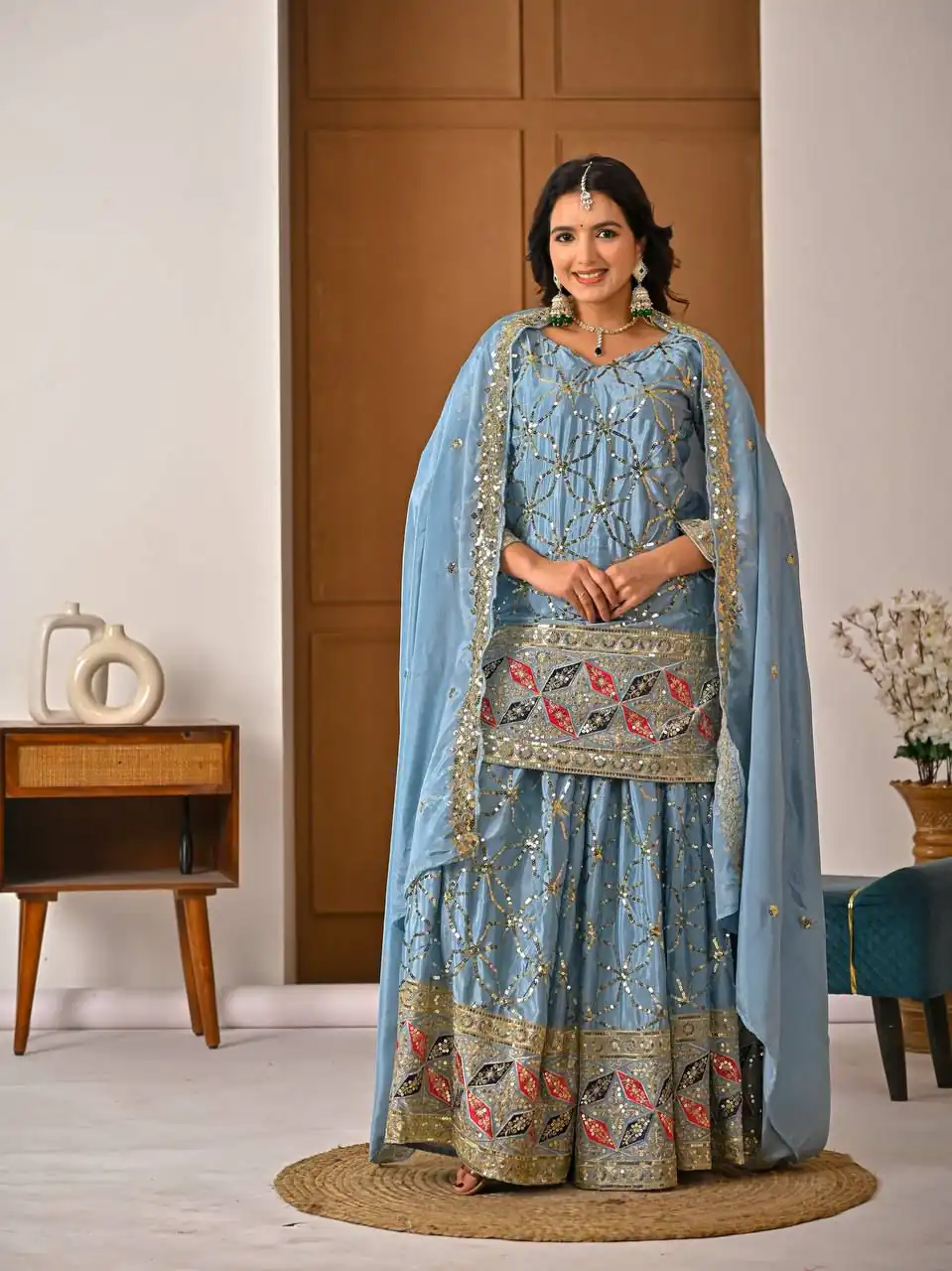 MD 3092 Sky Blue Chinnon Silk Salwar Suit Perfect for Wedding, Party, Ganesh Chaturthi, Baby Shower, Makar Sankranti – . Affordable Price ₹2449. De | Casual Suits, Jump Suits, Creative suits, Designer Suits, Palazzo Suits, Party Wear Suits, Patiala Suits, Salwar suit, Straight Suits