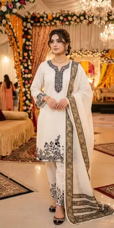 LG 2107 White Rayon Salwar Suit with Embroidery Work & Mirror Work. Grab it for ₹1999. Delivery 4-6 Working Days. Shop now. | Casual Suits, Jump Suits, Creative suits, Designer Suits, Palazzo Suits, Party Wear Suits, Patiala Suits, Salwar suit, Straight Suits