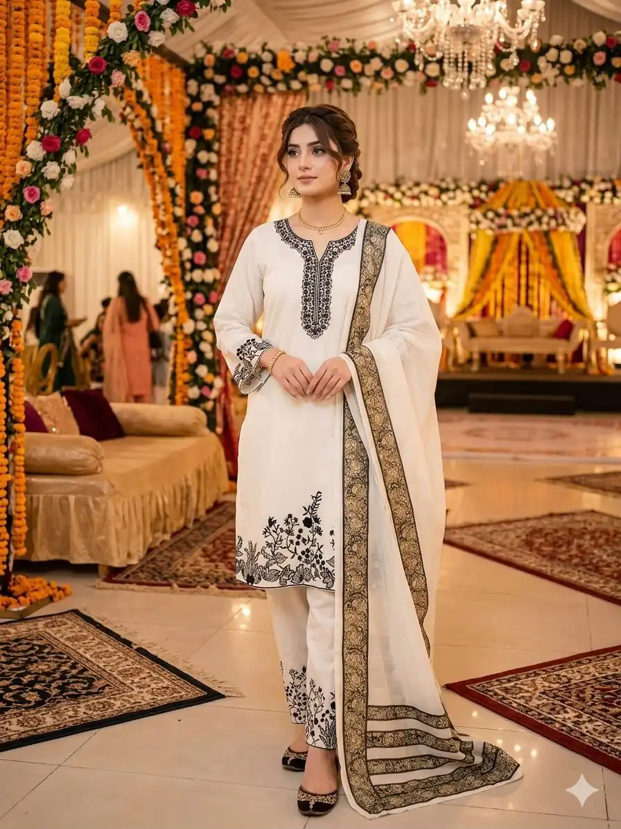 LG 2107 White Rayon Salwar Suit with Embroidery Work & Mirror Work. Grab it for ₹1999. Delivery 4-6 Working Days. Shop now. | Casual Suits, Jump Suits, Creative suits, Designer Suits, Palazzo Suits, Party Wear Suits, Patiala Suits, Salwar suit, Straight Suits