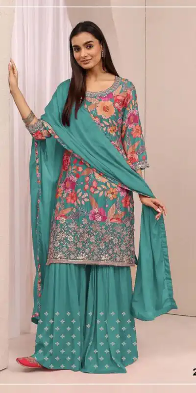 FC 2114 Firozi Chinon Salwar Suit with Embroidery Work & Digital Print. Festive Deal ₹2449. Delivery 4-6 Working Days. Shop now. | Casual Suits, Jump Suits, Creative suits, Designer Suits, Palazzo Suits, Party Wear Suits, Patiala Suits, Salwar suit, Straight Suits