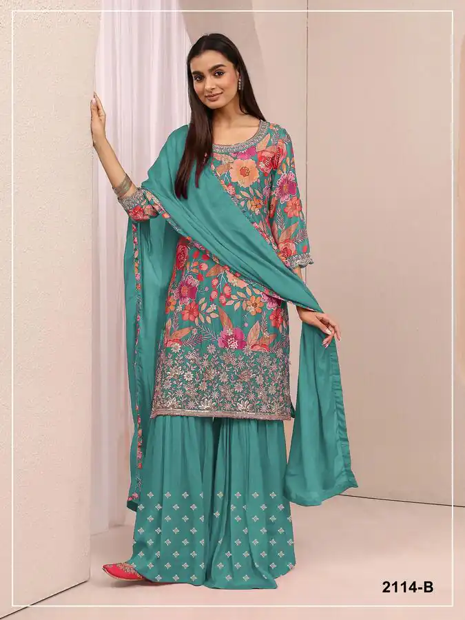 FC 2114 Firozi Chinon Salwar Suit with Embroidery Work & Digital Print. Festive Deal ₹2449. Delivery 4-6 Working Days. Shop now. | Casual Suits, Jump Suits, Creative suits, Designer Suits, Palazzo Suits, Party Wear Suits, Patiala Suits, Salwar suit, Straight Suits