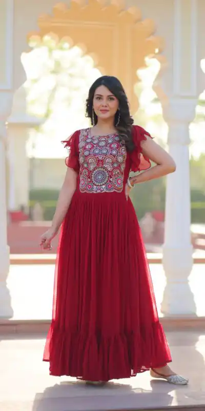 KA 1179 Maroon Faux Blooming Gown with Embroidery Work & Sequins Work. Special Price ₹1769. Delivery 4-6 Working Days. Shop now. | Bollywood Gowns, Creative Gowns, Designer Gowns, Embroidered Gowns, Gowns, Party Wear Gowns