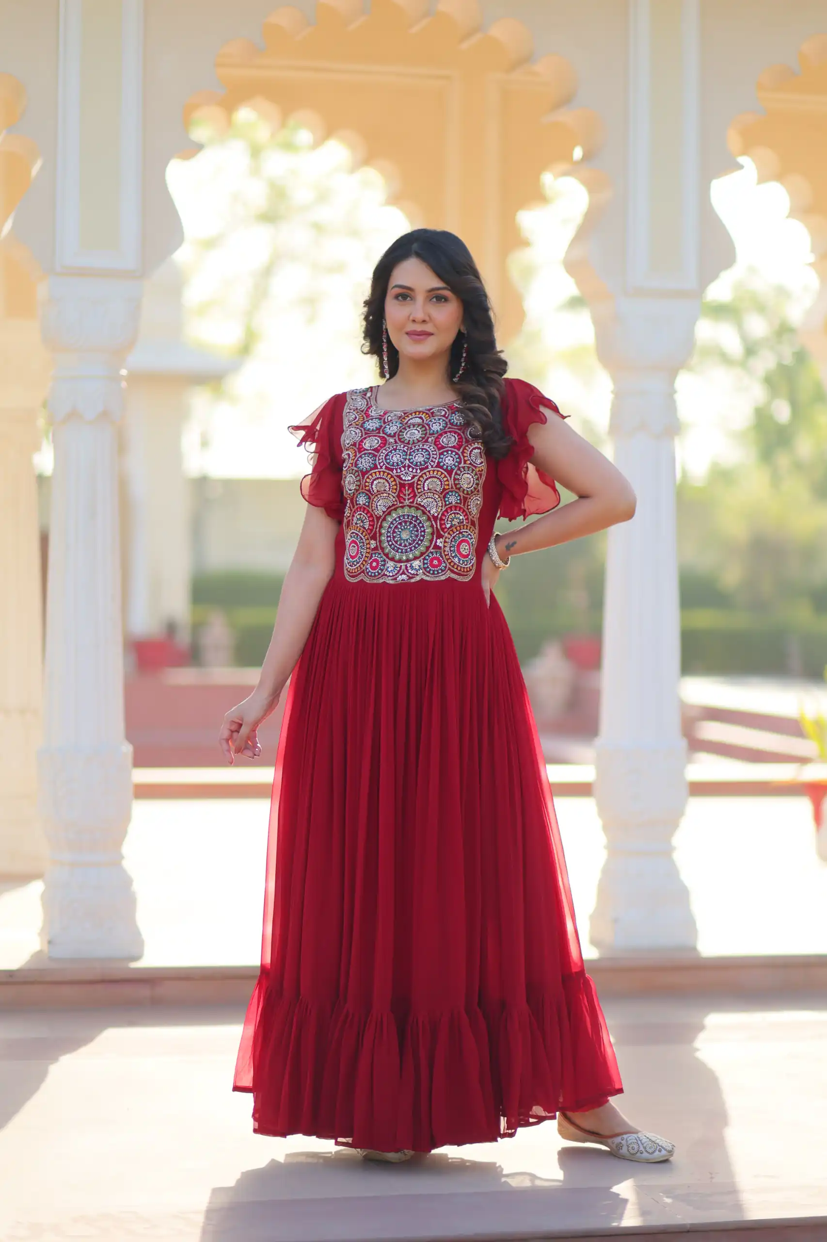 KA 1179 Maroon Faux Blooming Gown with Embroidery Work & Sequins Work. Special Price ₹1769. Delivery 4-6 Working Days. Shop now. | Bollywood Gowns, Creative Gowns, Designer Gowns, Embroidered Gowns, Gowns, Party Wear Gowns