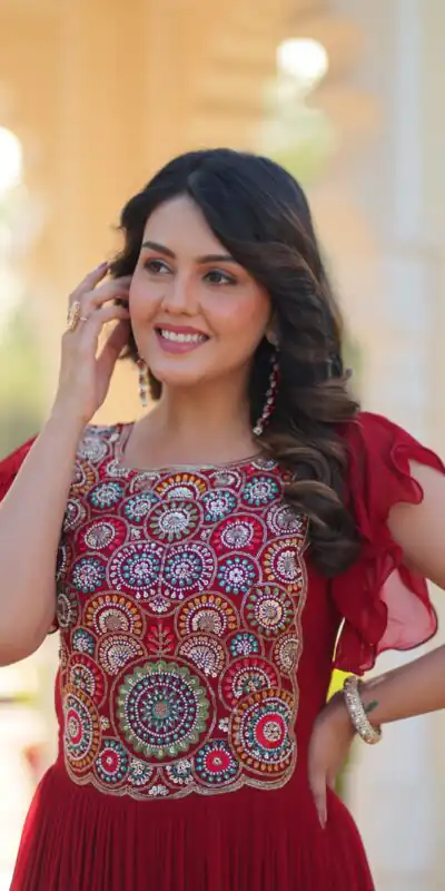 KA 1179 Maroon Faux Blooming Gown with Embroidery Work & Sequins Work. Special Price ₹1769. Delivery 4-6 Working Days. Shop now. | Bollywood Gowns, Creative Gowns, Designer Gowns, Embroidered Gowns, Gowns, Party Wear Gowns