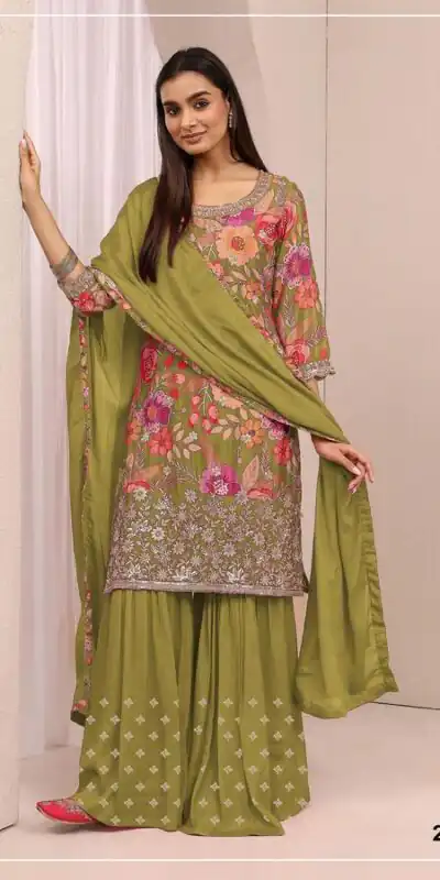 FC 2114 Mehandi Chinon Salwar Suit with Embroidery Work & Digital Print. Festive Deal ₹2449. Delivery 4-6 Working Days. Shop now. | Casual Suits, Jump Suits, Creative suits, Designer Suits, Palazzo Suits, Party Wear Suits, Patiala Suits, Salwar suit, Straight Suits